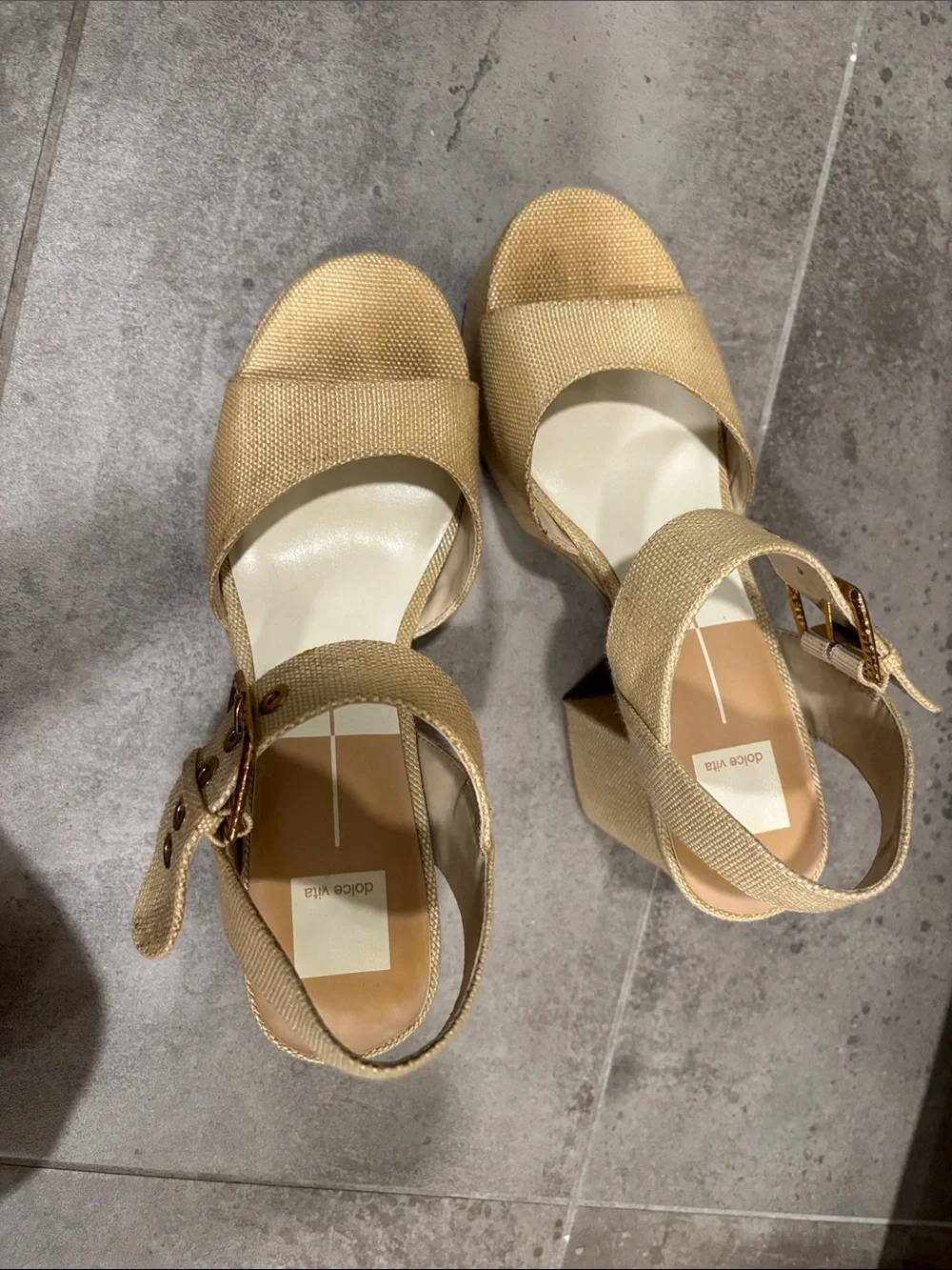 Dolce vita Neutral Beige Platform Block Heel Sandals with Gold Buckle